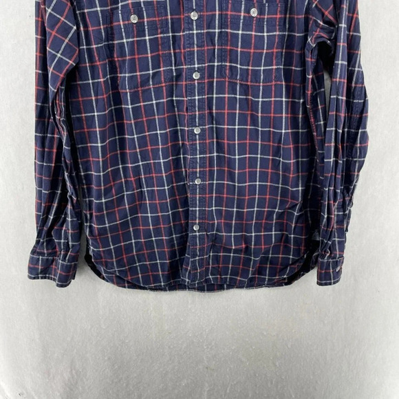 GAP Button Up Shirt Mens Sz L Navy Blue Red Plaid Standard Fit Collared Pockets - Picture 7 of 13